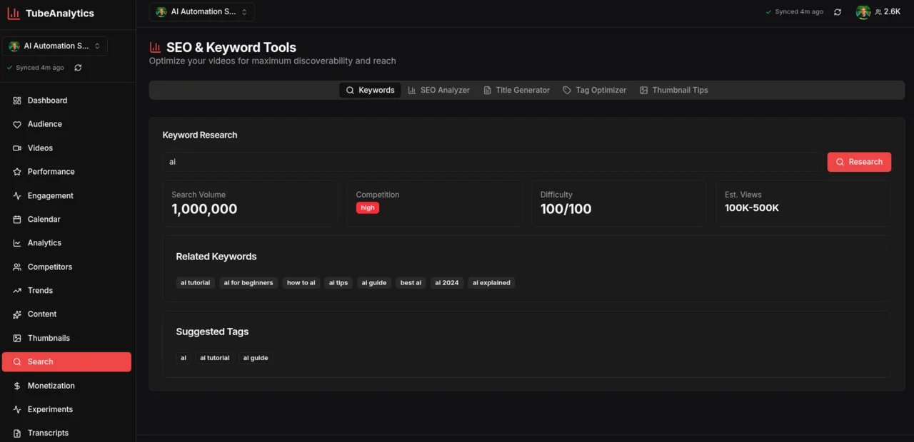 TubeAnalytics SEO Tools dashboard