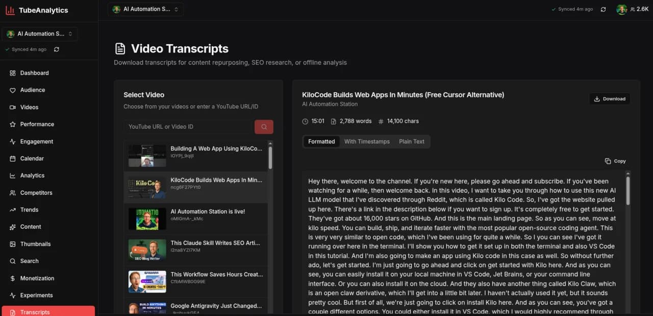 TubeAnalytics Transcripts dashboard