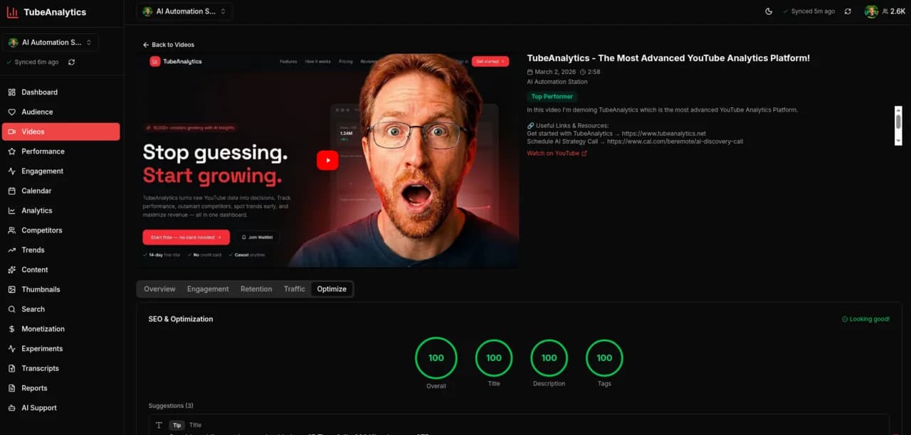 TubeAnalytics Videos dashboard